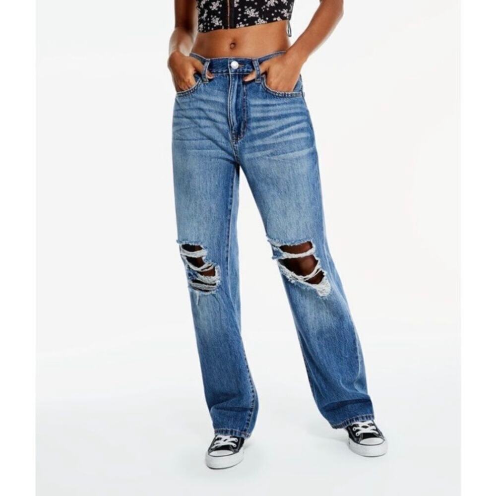 Aeropostale Sz 8 Skater Jeans Relaxed Wide Leg Distressed Ripped Knees Mid Wash - Picture 1 of 16